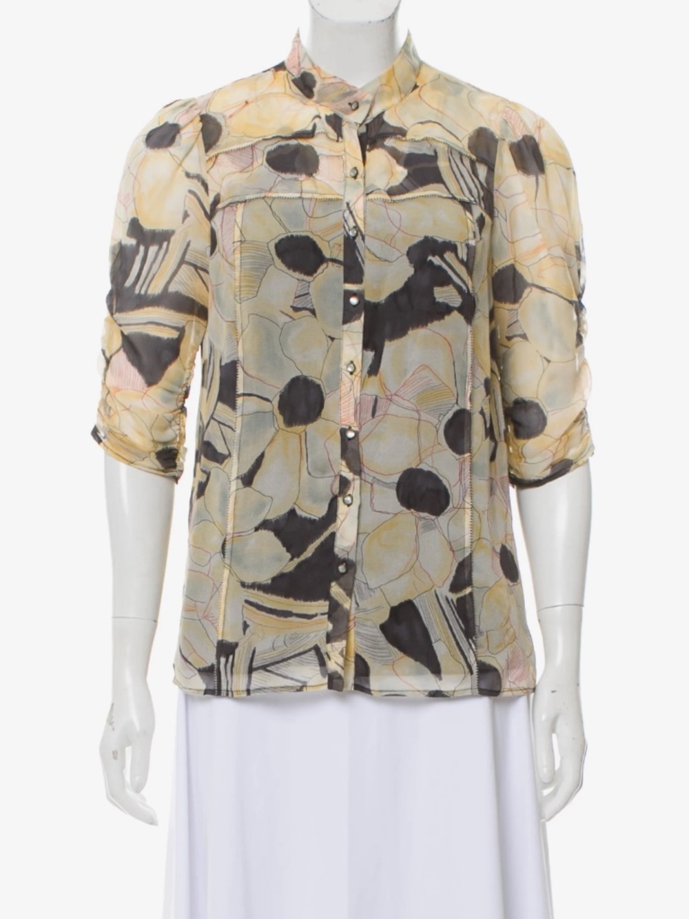DVF Yellow & Black Abstract Floral Silk Button-Down Blouse